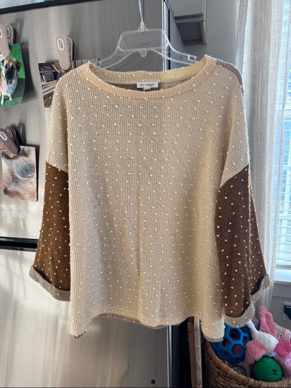 Blu Pepper Beige Knit Top with Brown Contrast Sleeves